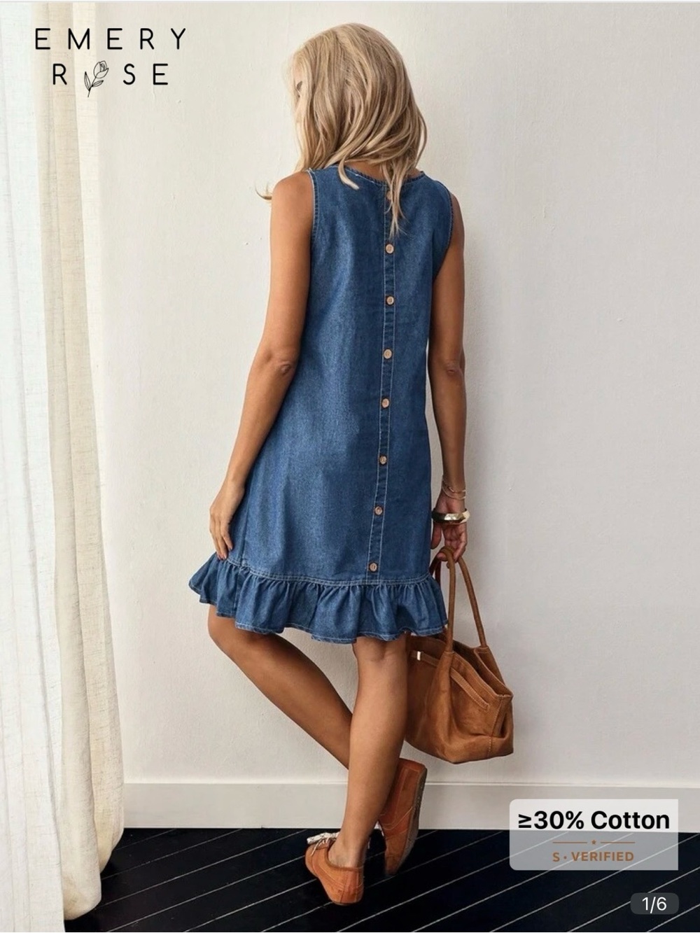 Emery Rose Blue Denim Ruffle-Hem Mini Dress- NEW